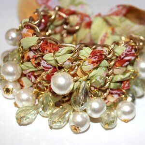 Floral Bohemian Paisley Gold Tie Wrap Bracelet or Choker Pearl Crystal Beaded
